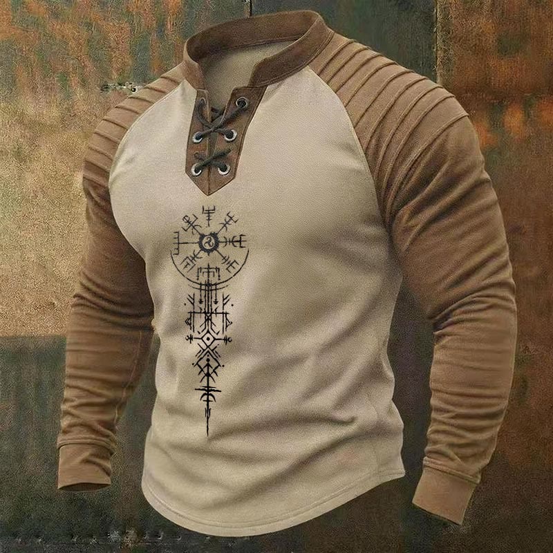 WorldNorse Ancient Norse Vegvisir Triskelion Lace-up Henley Shirt - Beige - US/UK/AU50，EU60 (5XL) - image 0