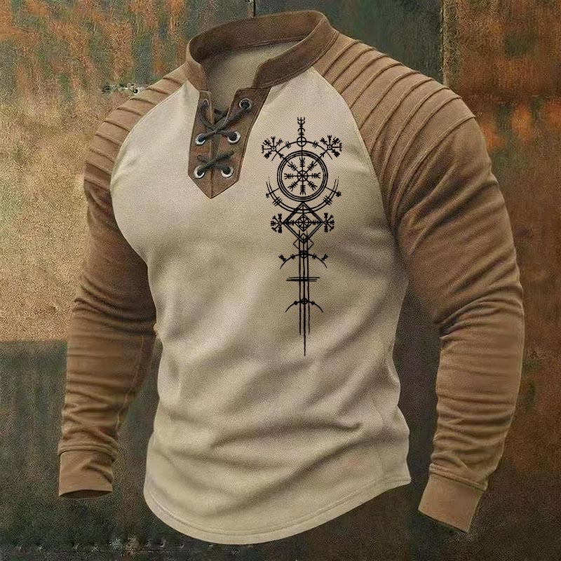 WorldNorse Ancient Norse Vegvisir Helm of Awe Lace-up Henley Shirt - Beige - US/UK/AU50，EU60 (5XL) - image 0