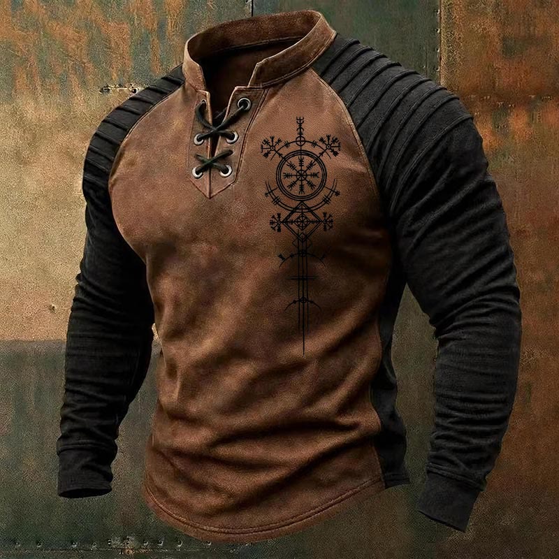 WorldNorse Ancient Norse Vegvisir Helm of Awe Lace-up Henley Shirt - Brown - US/UK/AU50，EU60 (5XL) - image 2