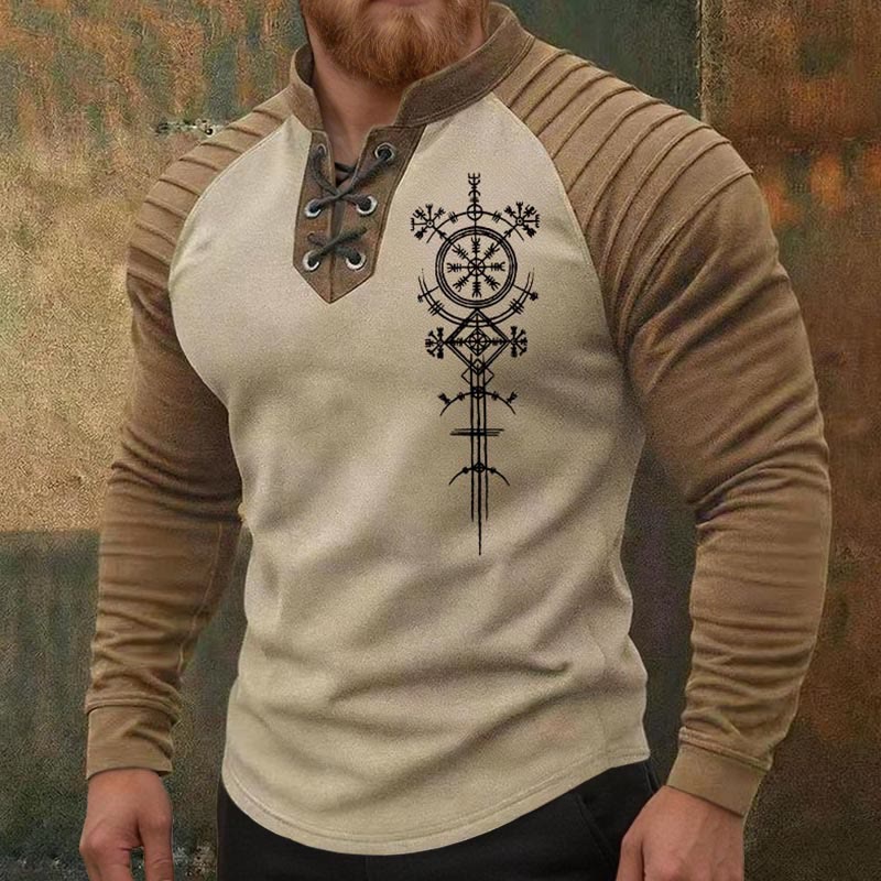 WorldNorse Ancient Norse Vegvisir Helm of Awe Lace-up Henley Shirt - image 1