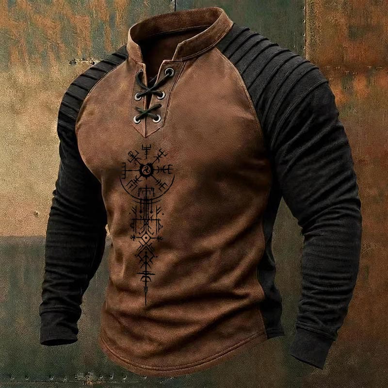 WorldNorse Ancient Norse Vegvisir Triskelion Lace-up Henley Shirt - Brown - US/UK/AU50，EU60 (5XL) - image 2