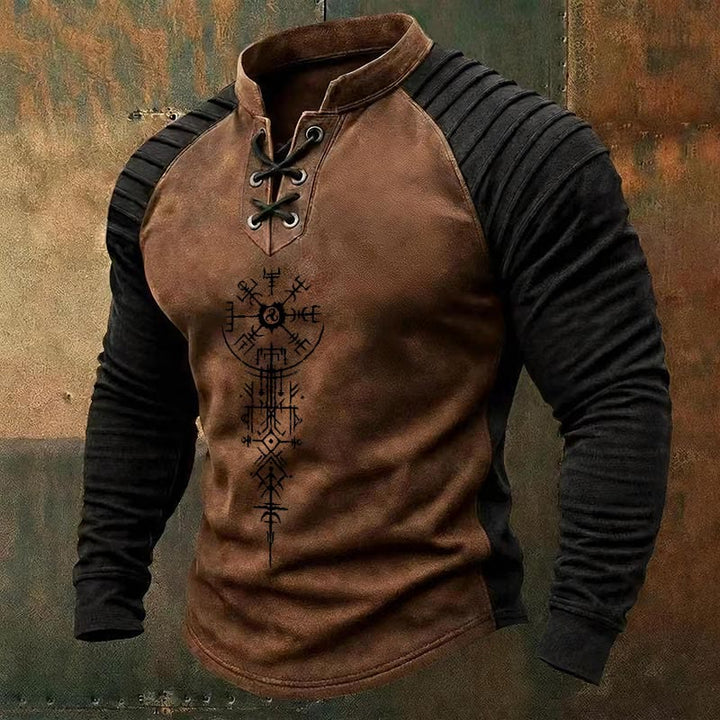WorldNorse Ancient Norse Vegvisir Triskelion Lace-up Henley Shirt - Brown - US/UK/AU50，EU60 (5XL) - image 2