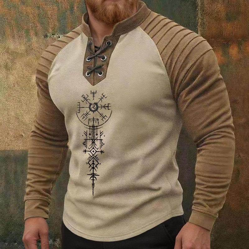 WorldNorse Ancient Norse Vegvisir Triskelion Lace-up Henley Shirt - image 1