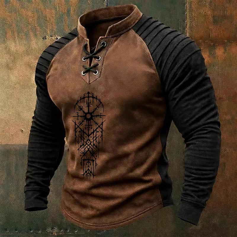 WorldNorse Viking Vegvisir Symmetrical Bramble Lace-up Henley Shirt - Brown - US/UK/AU50，EU60 (5XL) - image 2