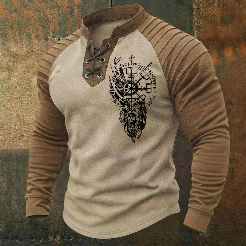 WorldNorse Viking Raven Vegvisir Runic Lace-up Henley Shirt - Beige - US/UK/AU50，EU60 (5XL) - image 0