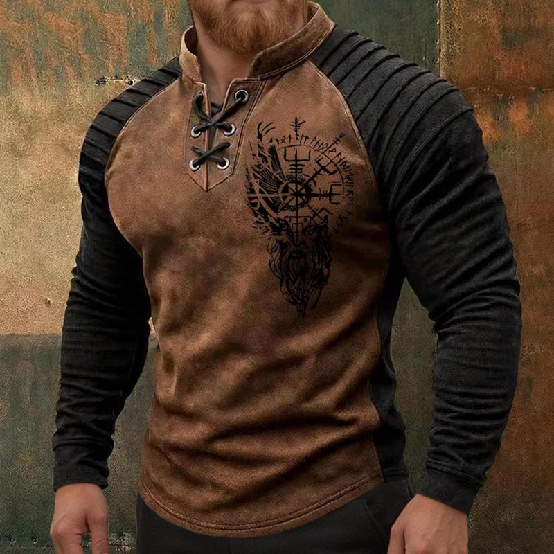 WorldNorse Viking Raven Vegvisir Runic Lace-up Henley Shirt - image 3