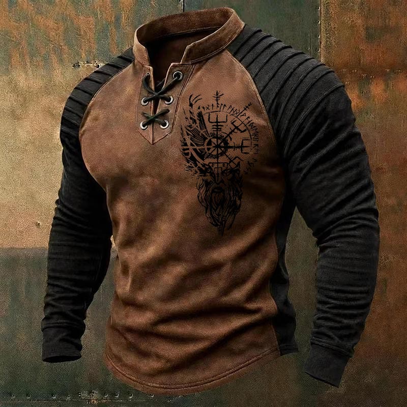 WorldNorse Viking Raven Vegvisir Runic Lace-up Henley Shirt - Brown - US/UK/AU50，EU60 (5XL) - image 2