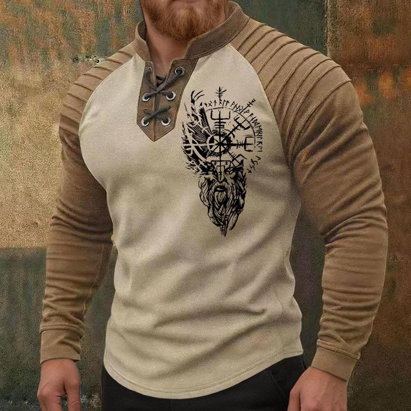 WorldNorse Viking Raven Vegvisir Runic Lace-up Henley Shirt - image 1