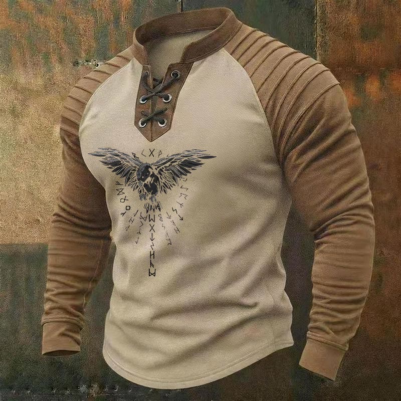 WorldNorse Ancient Norse Raven Runic Winged Lace-up Henley Shirt - Beige - US/UK/AU50，EU60 (5XL) - image 2