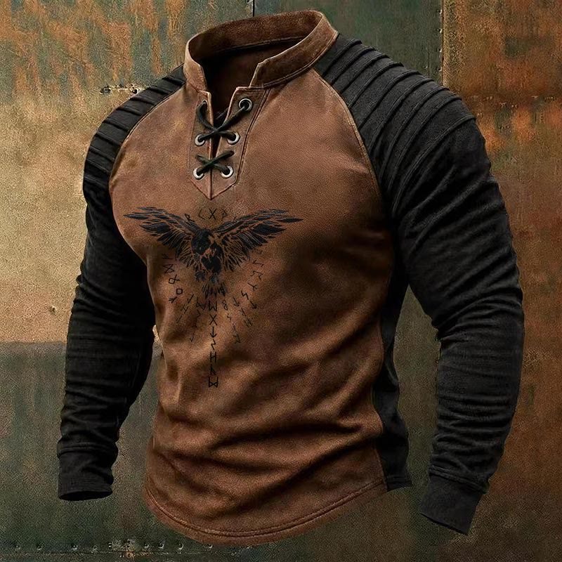 WorldNorse Ancient Norse Raven Runic Winged Lace-up Henley Shirt - Brown - US/UK/AU50，EU60 (5XL) - image 0