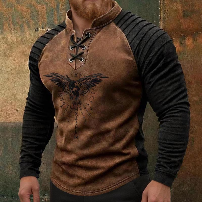 WorldNorse Ancient Norse Raven Runic Winged Lace-up Henley Shirt - image 1