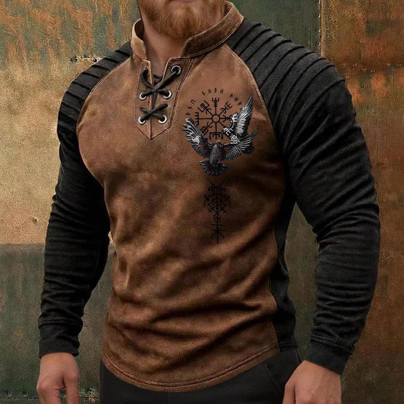 WorldNorse Nordic Raven Vegvisir Valknut Triple Horn of Odin Lace-up Henley Shirt - image 3