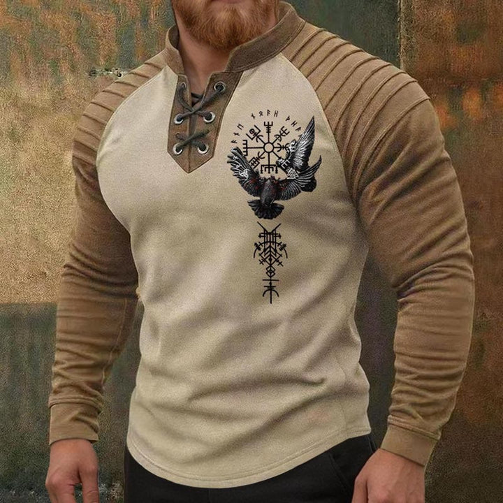 WorldNorse Nordic Raven Vegvisir Valknut Triple Horn of Odin Lace-up Henley Shirt - image 1