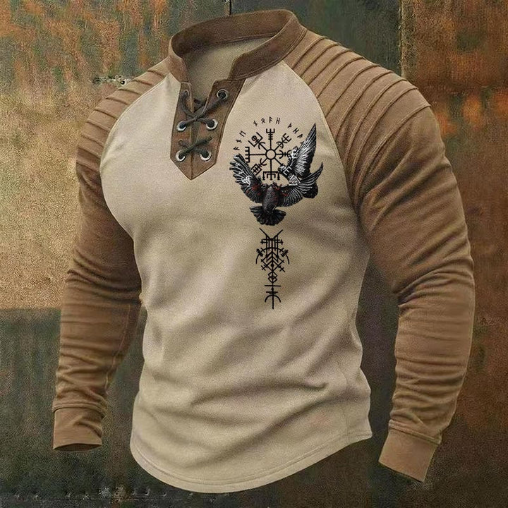 WorldNorse Nordic Raven Vegvisir Valknut Triple Horn of Odin Lace-up Henley Shirt - Beige - US/UK/AU50，EU60 (5XL) - image 0