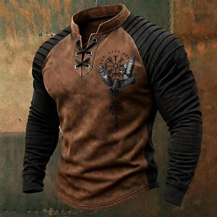 WorldNorse Nordic Raven Vegvisir Valknut Triple Horn of Odin Lace-up Henley Shirt - Brown - US/UK/AU50，EU60 (5XL) - image 2