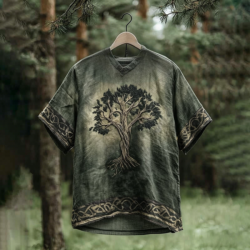WorldNorse Men's Viking Yggdrasil Celtic Knot Linen V-neck T Shirt - US/UK/AU50，EU60 (5XL) - image 0