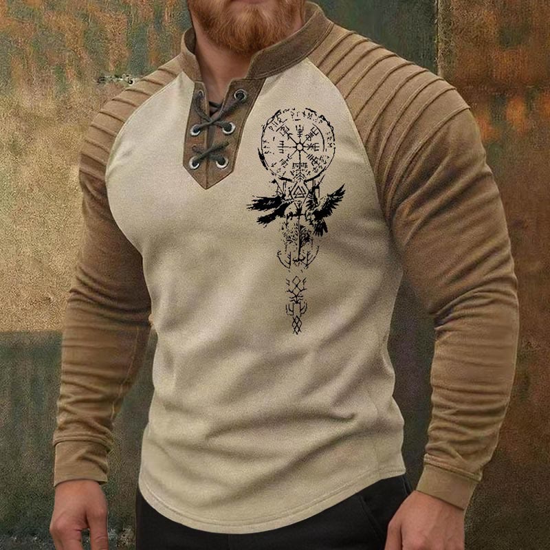 WorldNorse Nordic Raven Shadow Vegvisir Valknut Rune Lace-up Henley Shirt - image 1