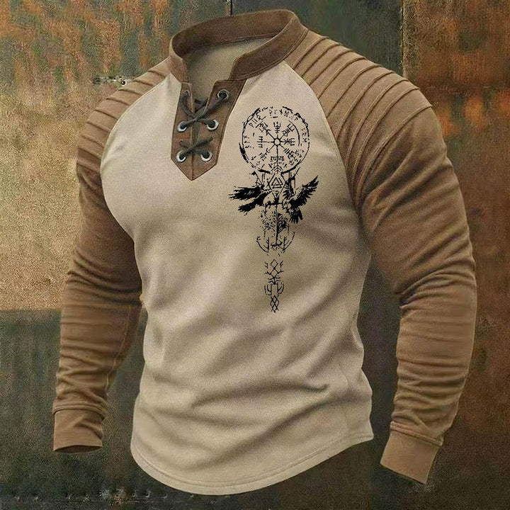 WorldNorse Nordic Raven Shadow Vegvisir Valknut Rune Lace-up Henley Shirt - Beige - US/UK/AU50，EU60 (5XL) - image 0