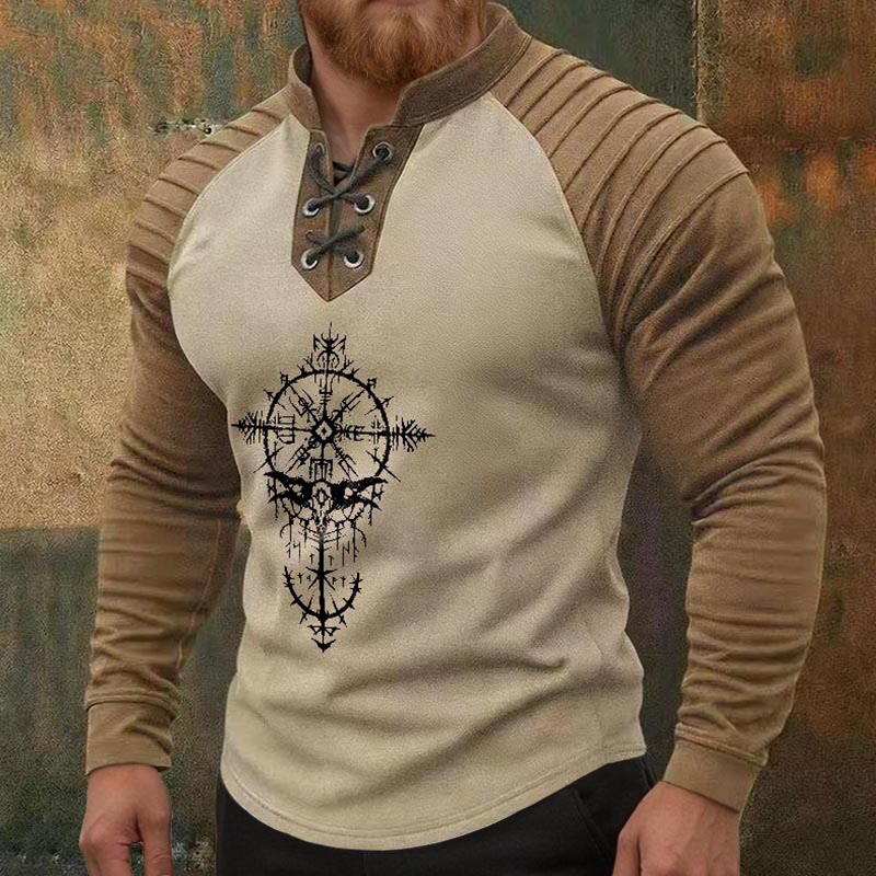 WorldNorse Viking Raven Skull Vegvisir Bramble Lace-up Henley Shirt - image 3