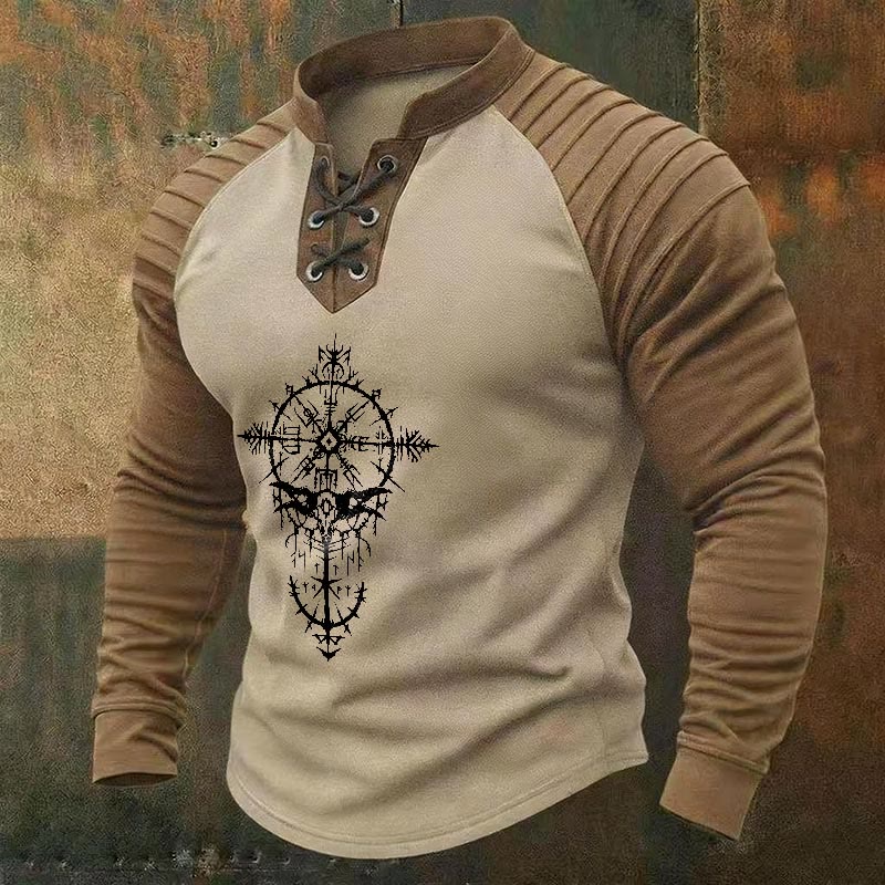 WorldNorse Viking Raven Skull Vegvisir Bramble Lace-up Henley Shirt - Beige - US/UK/AU50，EU60 (5XL) - image 2