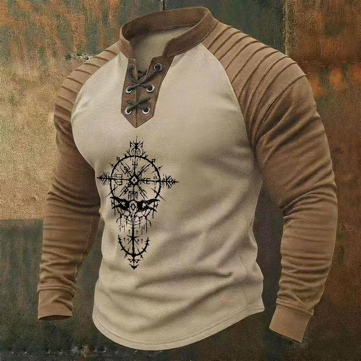 WorldNorse Viking Raven Skull Vegvisir Bramble Lace-up Henley Shirt - Beige - US/UK/AU50，EU60 (5XL) - image 2