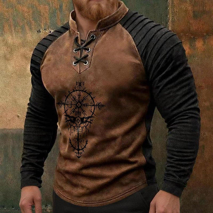 WorldNorse Viking Raven Skull Vegvisir Bramble Lace-up Henley Shirt - image 1