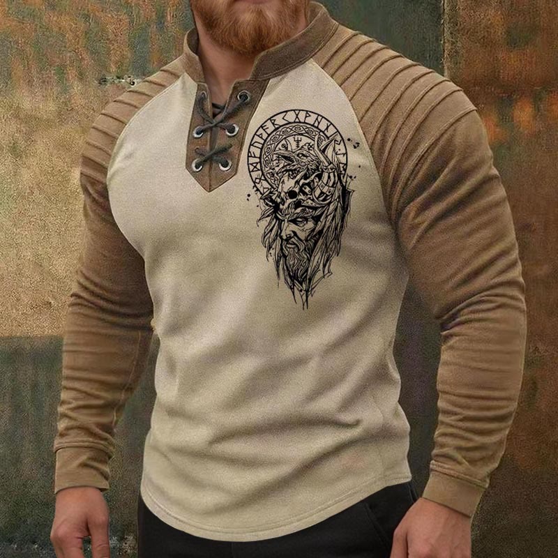 WorldNorse Viking Odin Warrior Raven Skull Runic Pattern Lace-up Henley Shirt - image 1