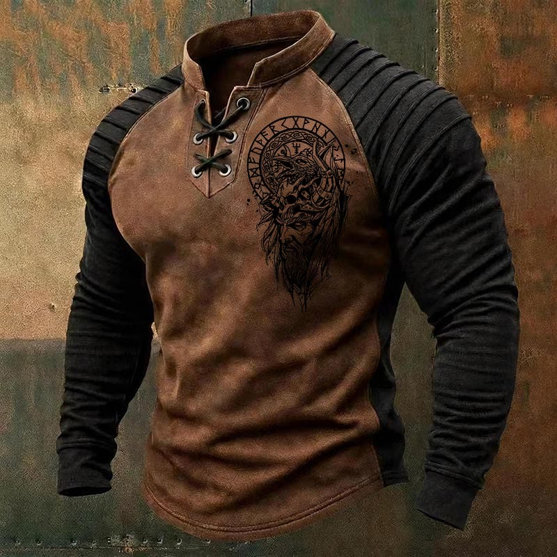 WorldNorse Viking Odin Warrior Raven Skull Runic Pattern Lace-up Henley Shirt - Brown - US/UK/AU50，EU60 (5XL) - image 2
