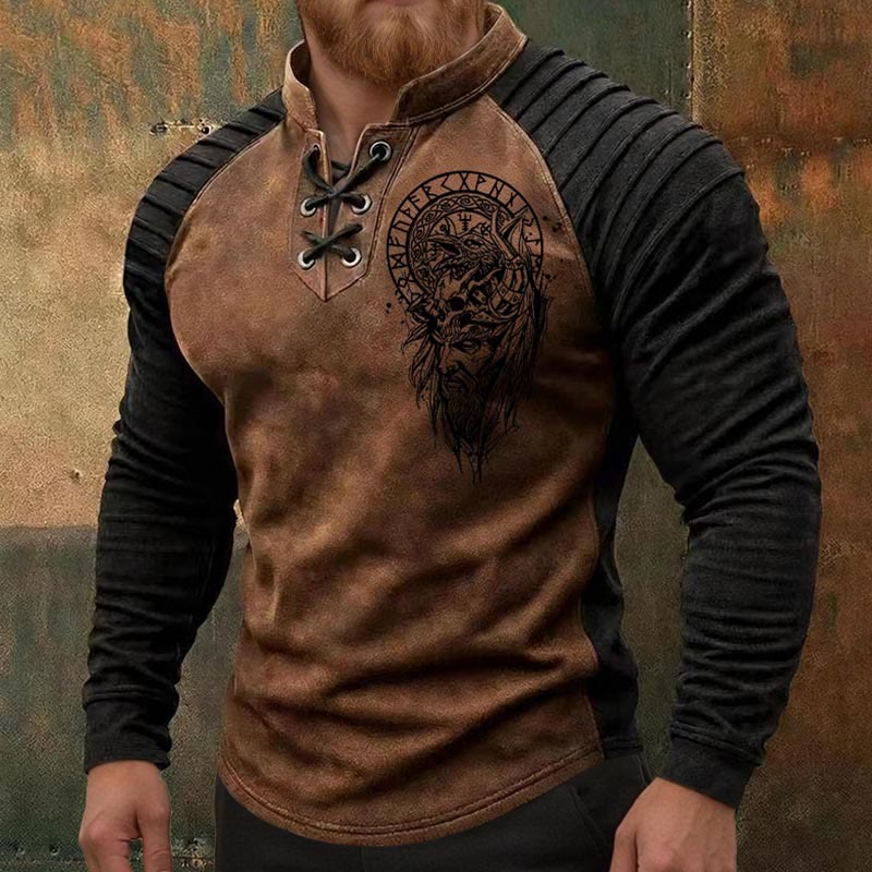 WorldNorse Viking Odin Warrior Raven Skull Runic Pattern Lace-up Henley Shirt - image 3