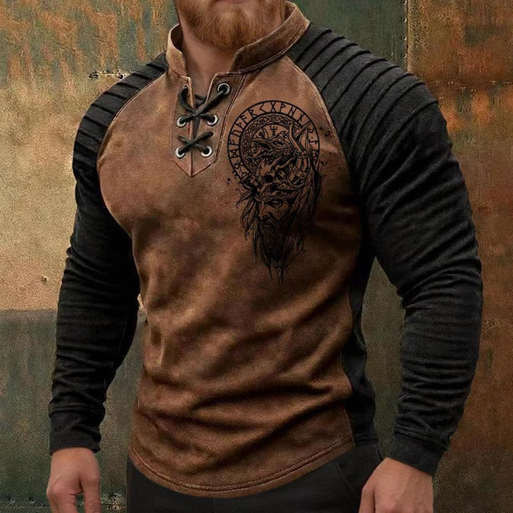 WorldNorse Viking Odin Warrior Raven Skull Runic Pattern Lace-up Henley Shirt - image 3