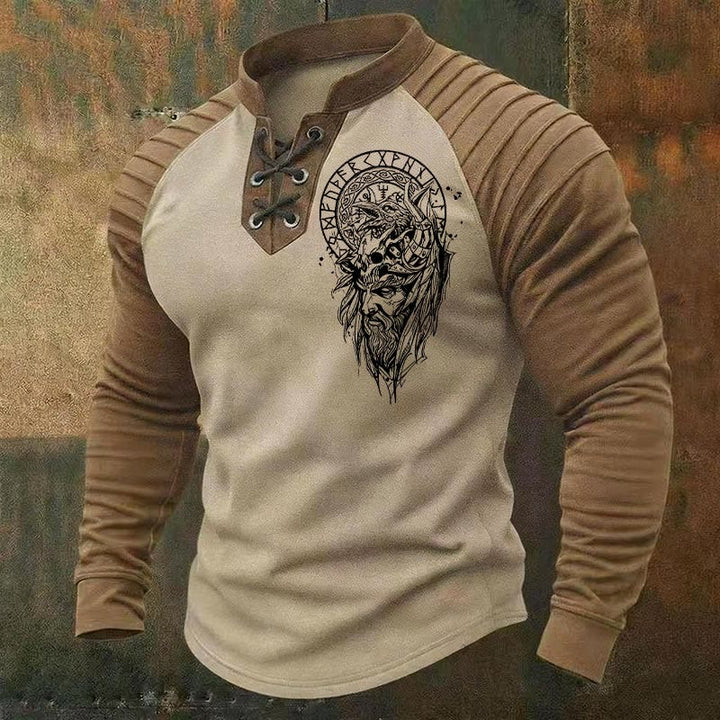 WorldNorse Viking Odin Warrior Raven Skull Runic Pattern Lace-up Henley Shirt - Beige - US/UK/AU50，EU60 (5XL) - image 0