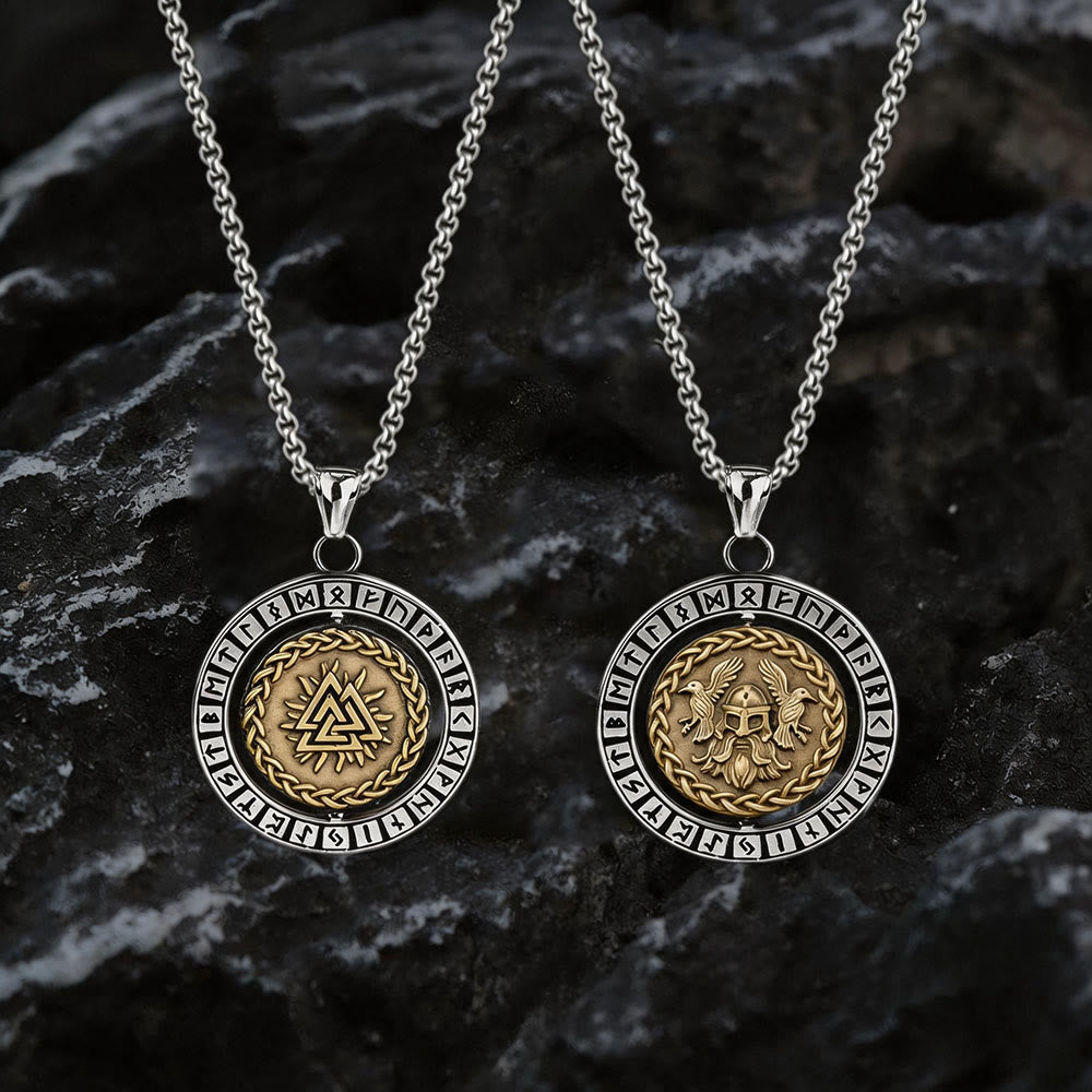 WorldNorse Double Sided Celtic Knot Rune Valknut Spinner Necklace - Gold - image 0