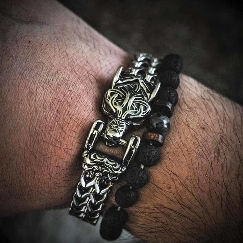WorldNorse Fenrir Wolf Head Braided Chain Warrior Bracelet - image 1