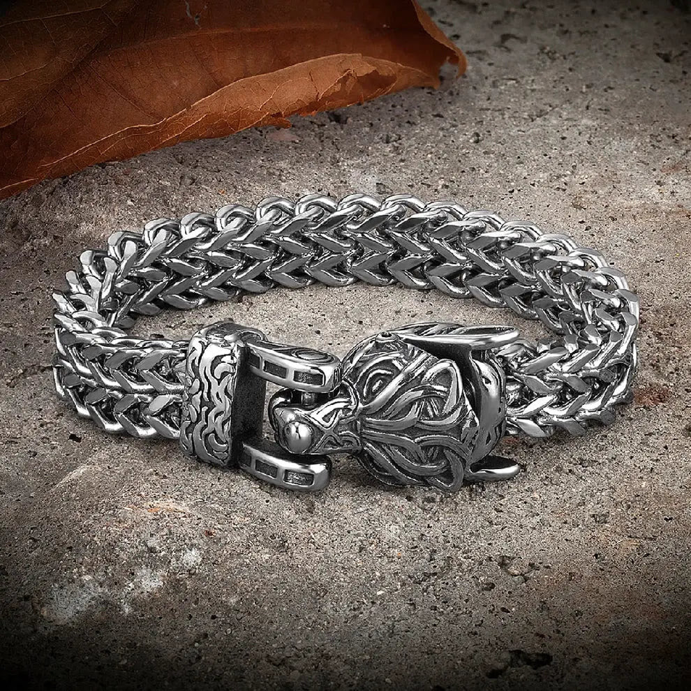 WorldNorse Fenrir Wolf Head Braided Chain Warrior Bracelet - 23cm - image 0