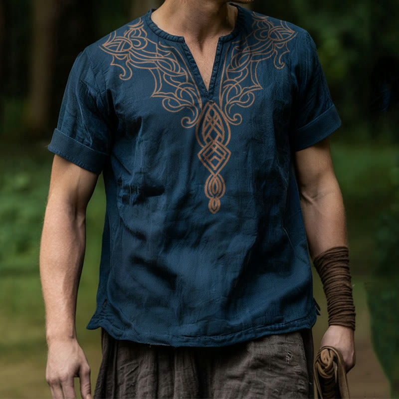 WorldNorse Viking Celtic Knot Print Linen V-neck Shirt - US/UK/AU50，EU60 (5XL) - image 0