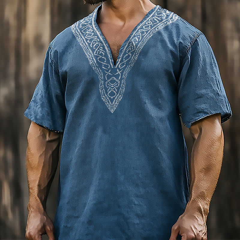 WorldNorse Celtic Knot Trim Vintage Linen V-neck Shirt - US/UK/AU50，EU60 (5XL) - image 0