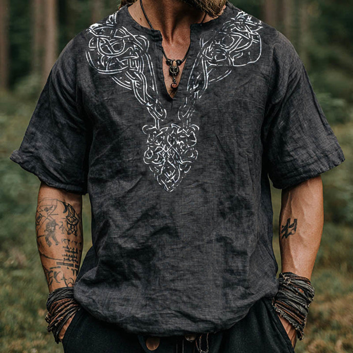 WorldNorse Nordic Celtic Knot Interlace Print Linen V-neck Shirt - US/UK/AU50，EU60 (5XL) - image 0
