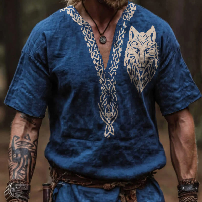WorldNorse Fenrir Celtic Weave Vintage Linen V-neck Shirt - US/UK/AU50，EU60 (5XL) - image 0