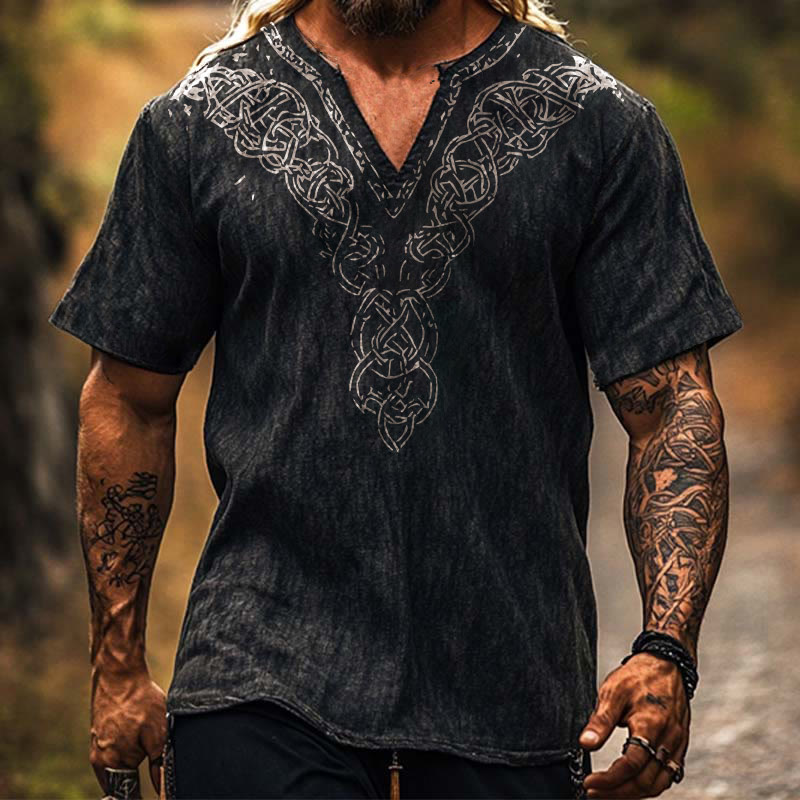 WorldNorse Celtic Infinity Knot Print Linen V-neck Shirt - US/UK/AU50，EU60 (5XL) - image 0