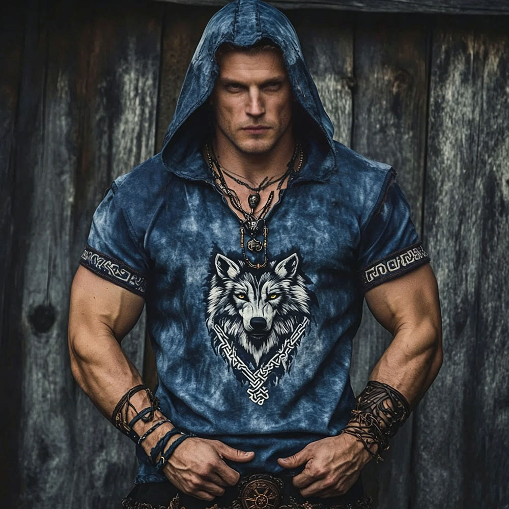 WorldNorse Viking Wolf Celtic Knot Trim Hooded Linen Shirt - US/UK/AU50，EU60 (5XL) - image 0