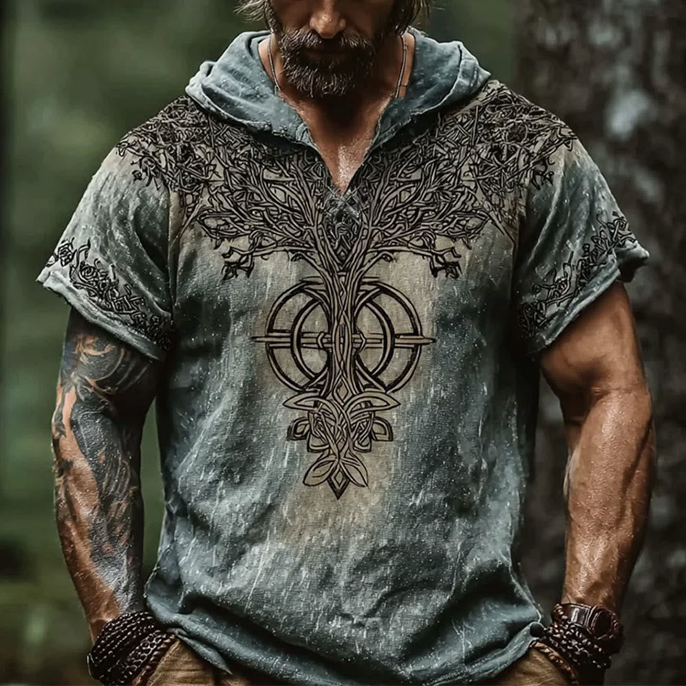 WorldNorse Yggdrasil Celtic Knot Vintage Hooded Linen Shirt - US/UK/AU50，EU60 (5XL) - image 0