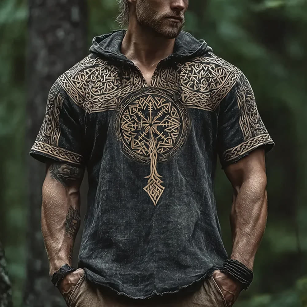 WorldNorse Helm of Awe Celtic Knot Hooded Linen Shirt - US/UK/AU50，EU60 (5XL) - image 0