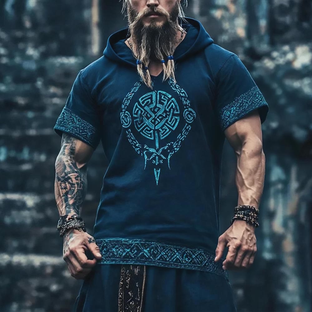 WorldNorse Viking Celtic Circle Print Hooded Linen Shirt - US/UK/AU50，EU60 (5XL) - image 0