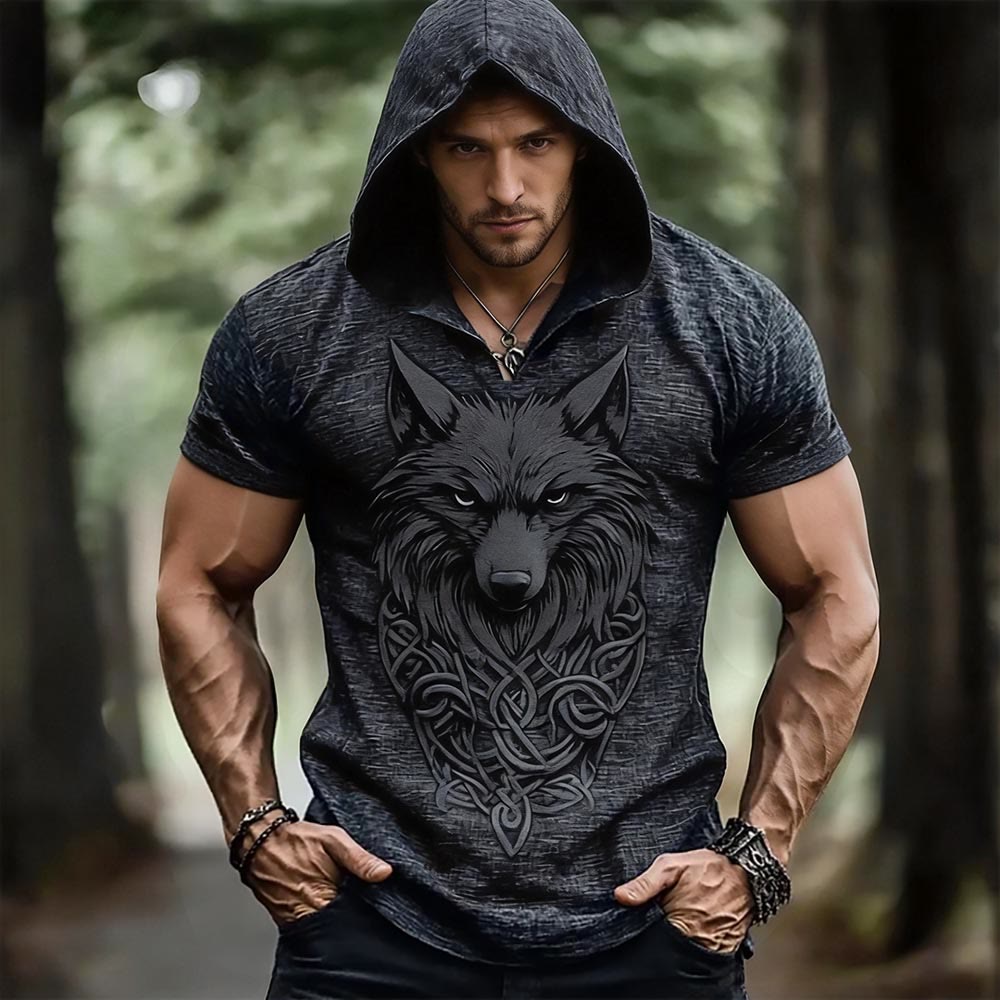 WorldNorse Viking Wolf Celtic Knot Print Hooded Linen Shirt - US/UK/AU50，EU60 (5XL) - image 0