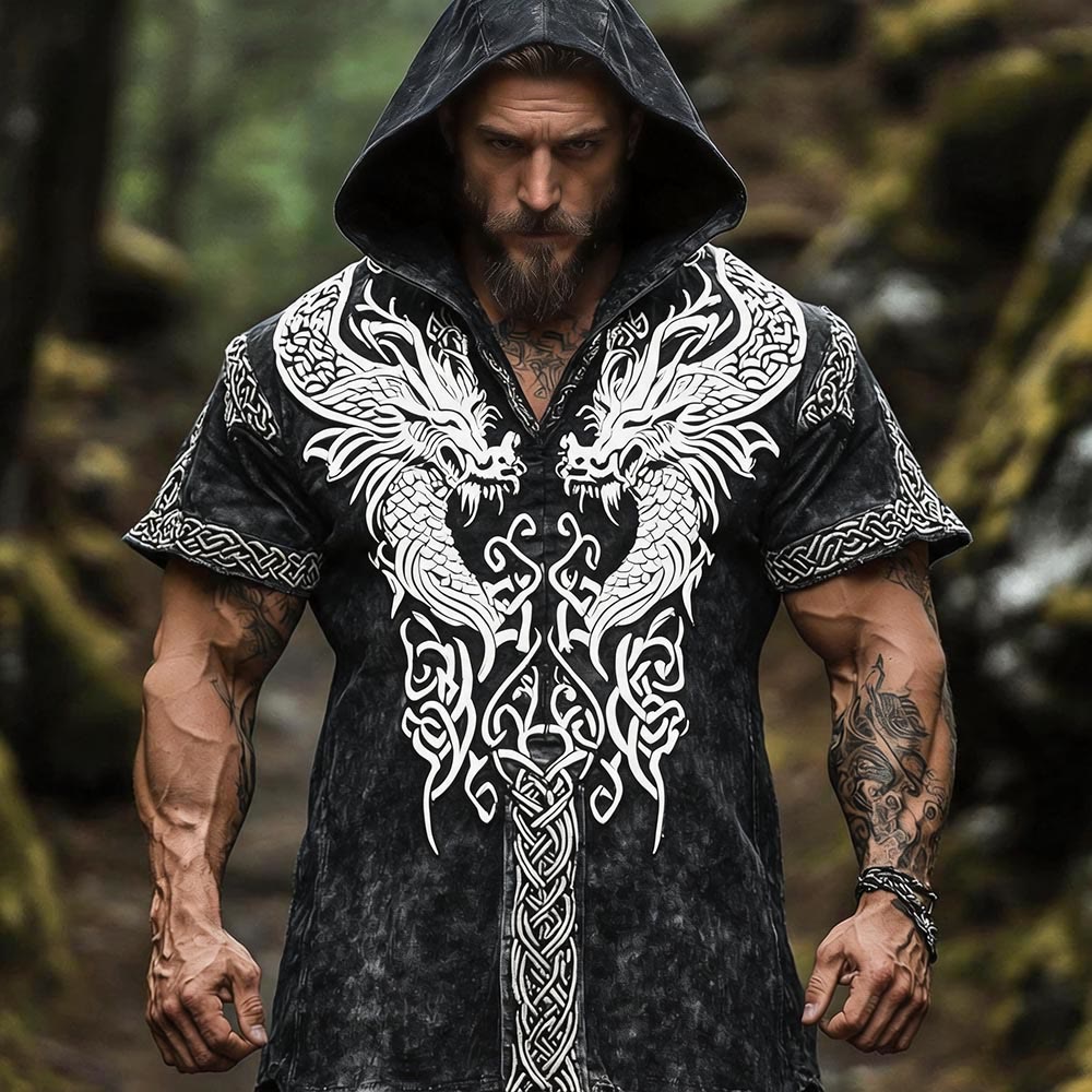WorldNorse Symmetric Norse Dragon Celtic Knot Hooded Linen Shirt - US/UK/AU50，EU60 (5XL) - image 0