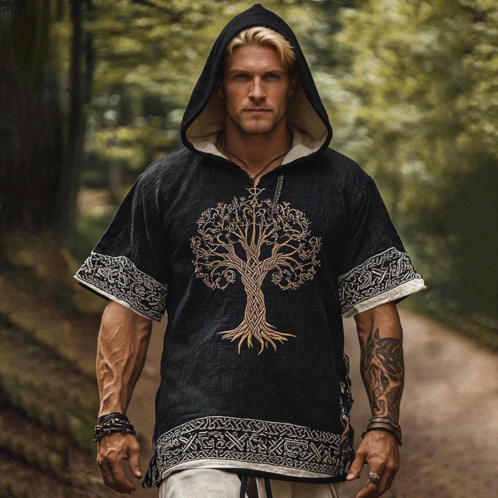 WorldNorse Yggdrasil Celtic Pattern Hooded Linen Shirt - US/UK/AU50，EU60 (5XL) - image 0