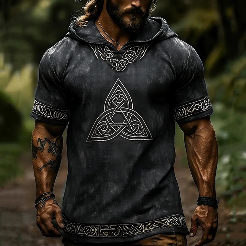 WorldNorse Viking Triquetra Celtic Knot Print Hooded Linen Shirt - US/UK/AU50，EU60 (5XL) - image 0
