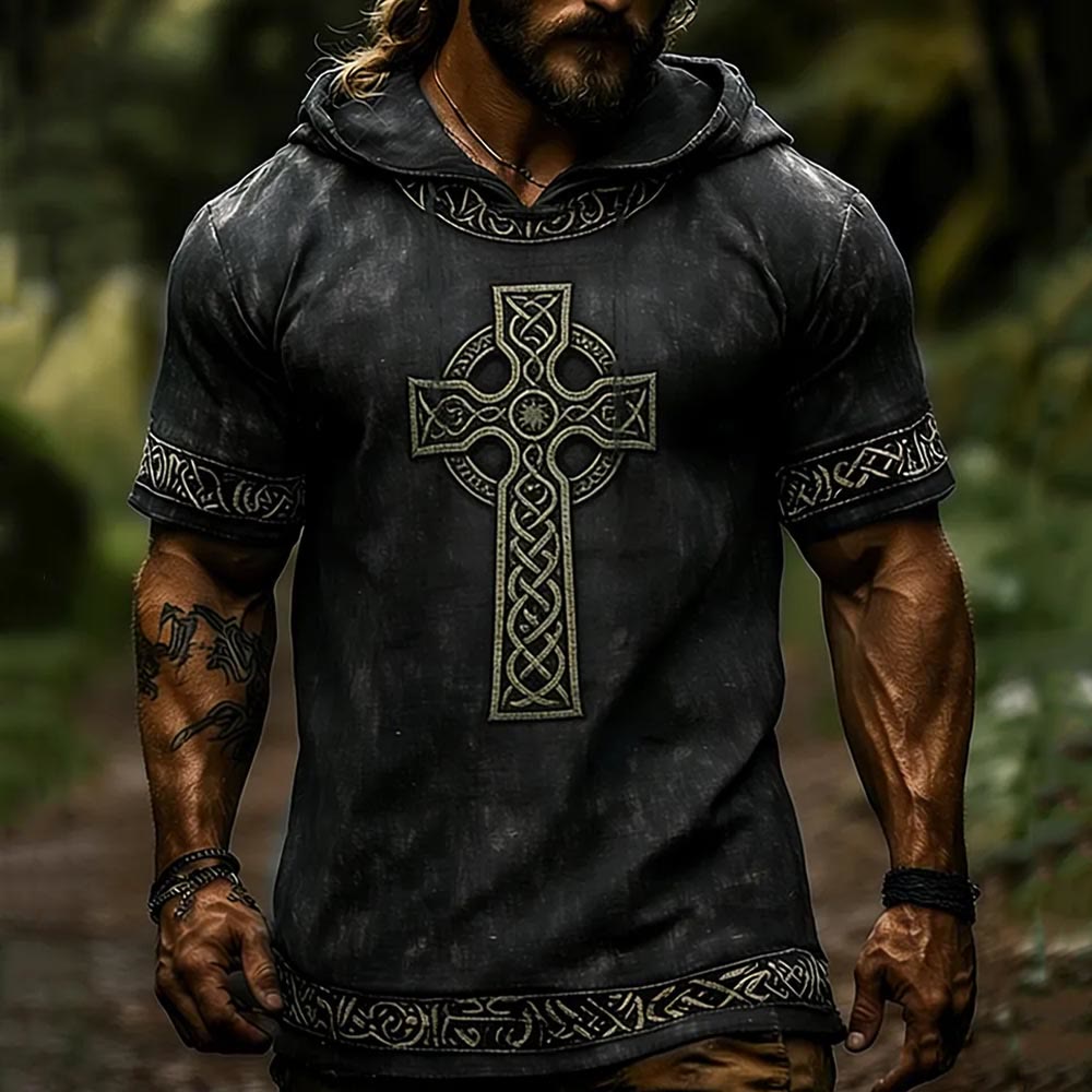 WorldNorse Celtic Cross Knot Vintage Hooded Linen Shirt - US/UK/AU50，EU60 (5XL) - image 0