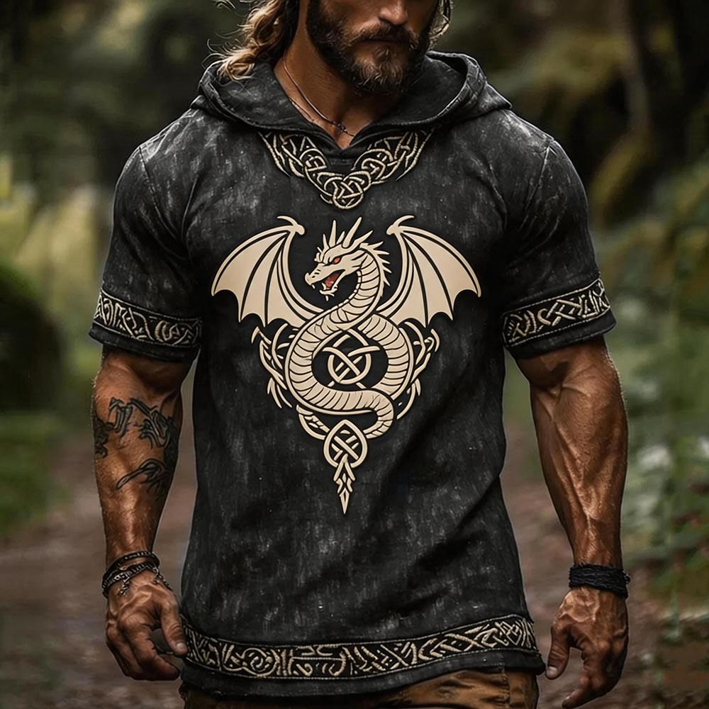 WorldNorse Winged Dragon Knotwork Celtic Hooded Linen Shirt - US/UK/AU50，EU60 (5XL) - image 0