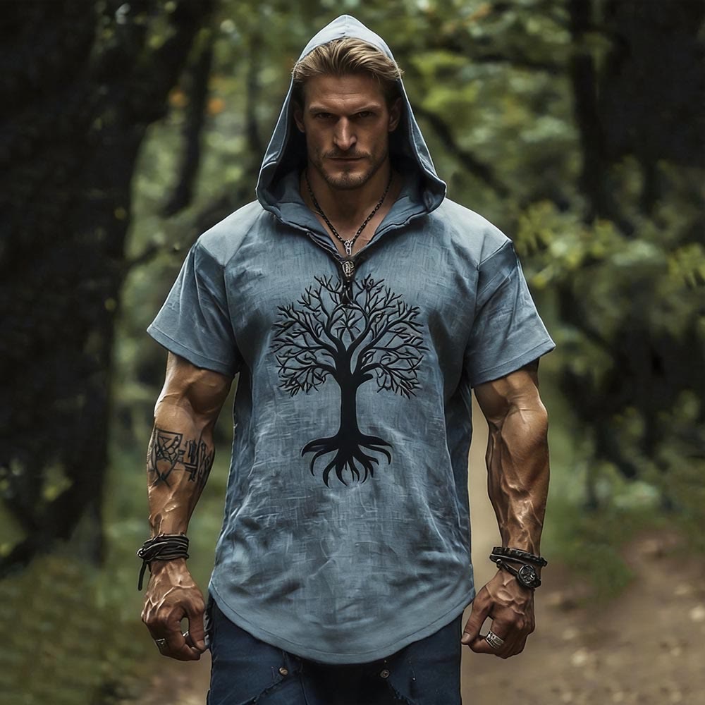WorldNorse Tree of Life Norse Print Hooded Linen Shirt - US/UK/AU50，EU60 (5XL) - image 0